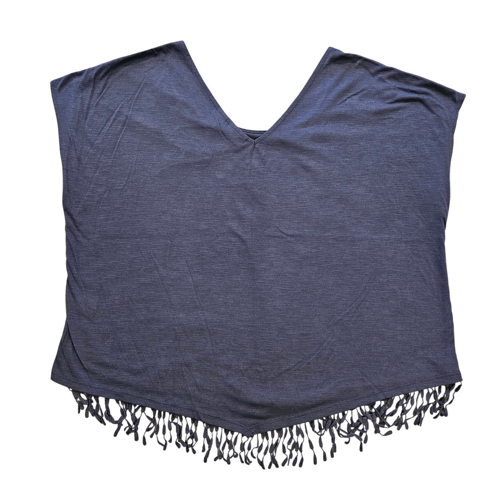 Cato Navy Blue Lace Fringe Hem Boho Top XL Short Sleeve V-Neck Geometric Overlay - Picture 9 of 10